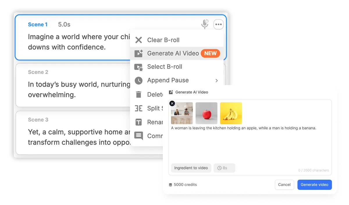 Visla storyboard interface showing scene prompts, generation methods, reference images, and character voice settings for reviewing and editing a storyboard